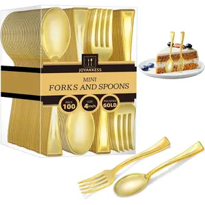 100 PCS Gold Mini Forks and Spoons (4 Inch), 50 Gold Dessert Forks And 50 Mini Dessert Spoons Heavy Duty Mini Cutlery for Appetizer, Tastings, Cocktails, Dessert Cups