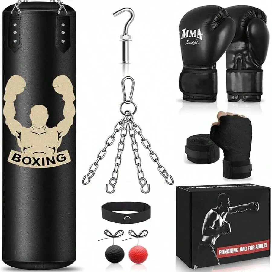 Boxing Sets for Adults - 4ft Unfilled PU Leather Hanging Heavy Bag, 12oz Gloves, Hand Wraps & Reflex Ball for Home MMA, Kickboxing Training