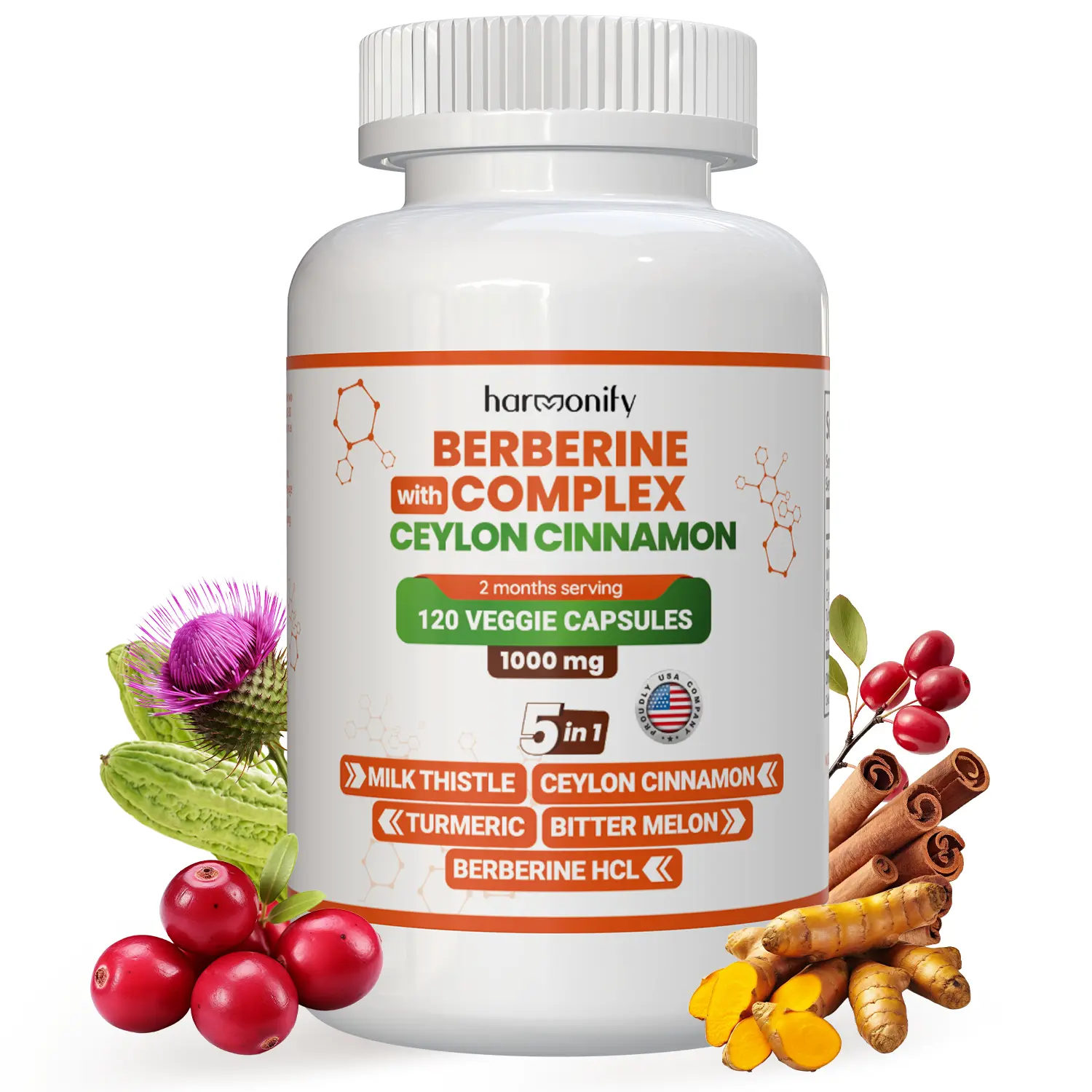 HARMONIFY Berberine Supplement with Ceylon Cinnamon, Milk Thistle, Turmeric, Bitter Melon Complex, 120 Capsules, 1000 mg, Vegan, Non-GMO