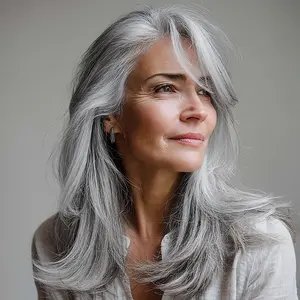 FESHFEN Grey Wavy Layered Wig with Curtain Bangs for Women, 20 Inch Long Synthetic Natural Looking Middle Part Hair Wig For Costume Party Daily Use