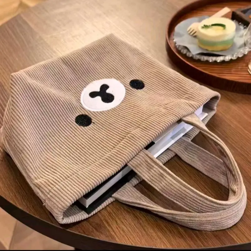 Kawaii Rilakkumaas Corduroy Tote Bag | Portable Large-Capacity Versatile Commuter Handheld Organizer for Gifts, Makeup Storage