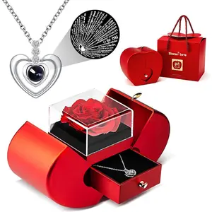 Preserved Real Rose Gift with Red Diamont Necklace,Cute Gifts for Girlfriends,Women,Mother,Wife,Gifts Idea on Mother`s Day,Valentine`s Day,Christmas,Birthday