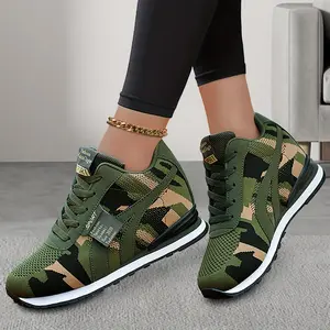 Women's Camo Athletic Trainer with Hidden Lift Slip-On Lace-Up Low-Top Runner for Running & Training Lightweight Breathable EVA Sole Military Green Camo All-Season Comfort for Girls