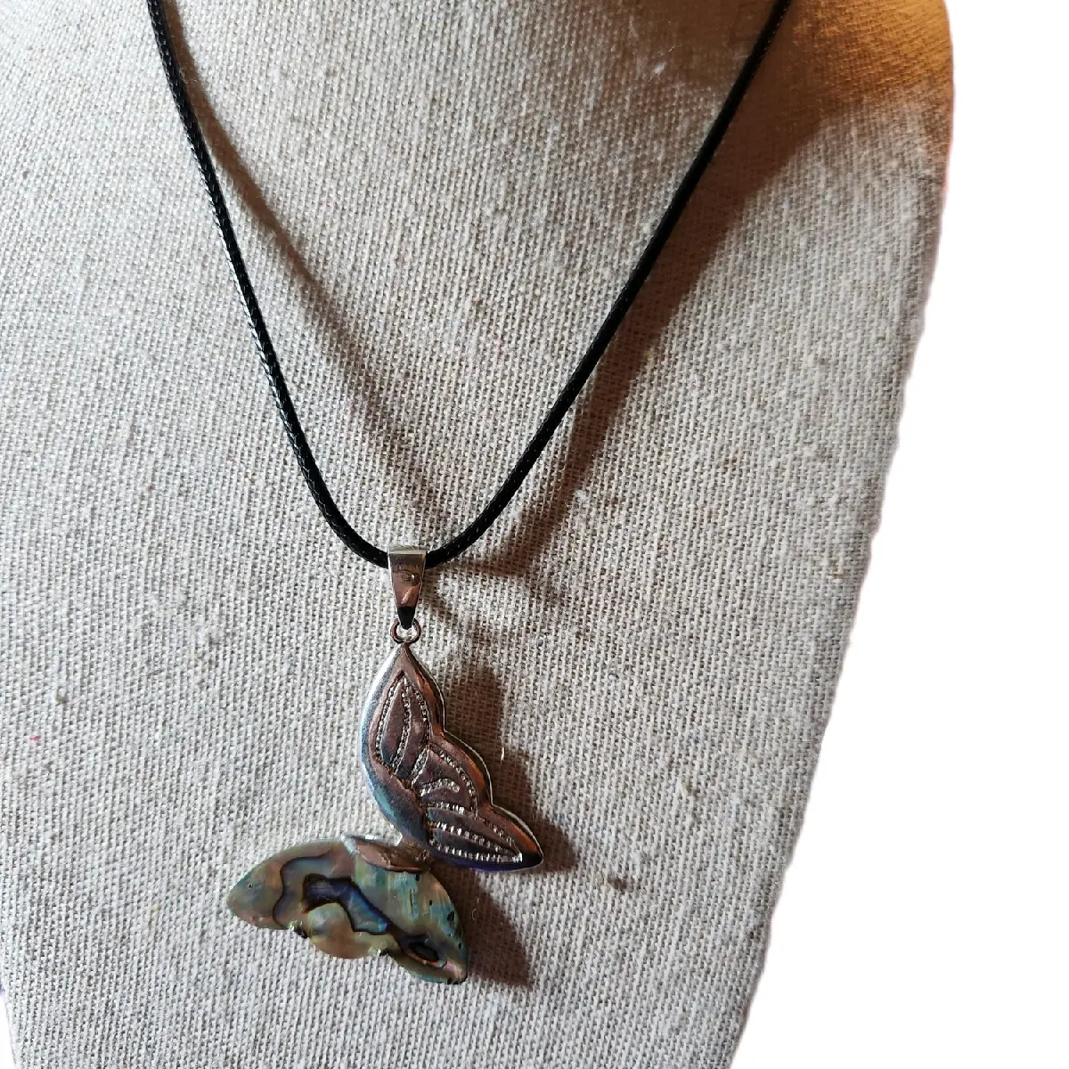 Paua Abalone shell Butterfly Pendant & Cord Necklace 24"