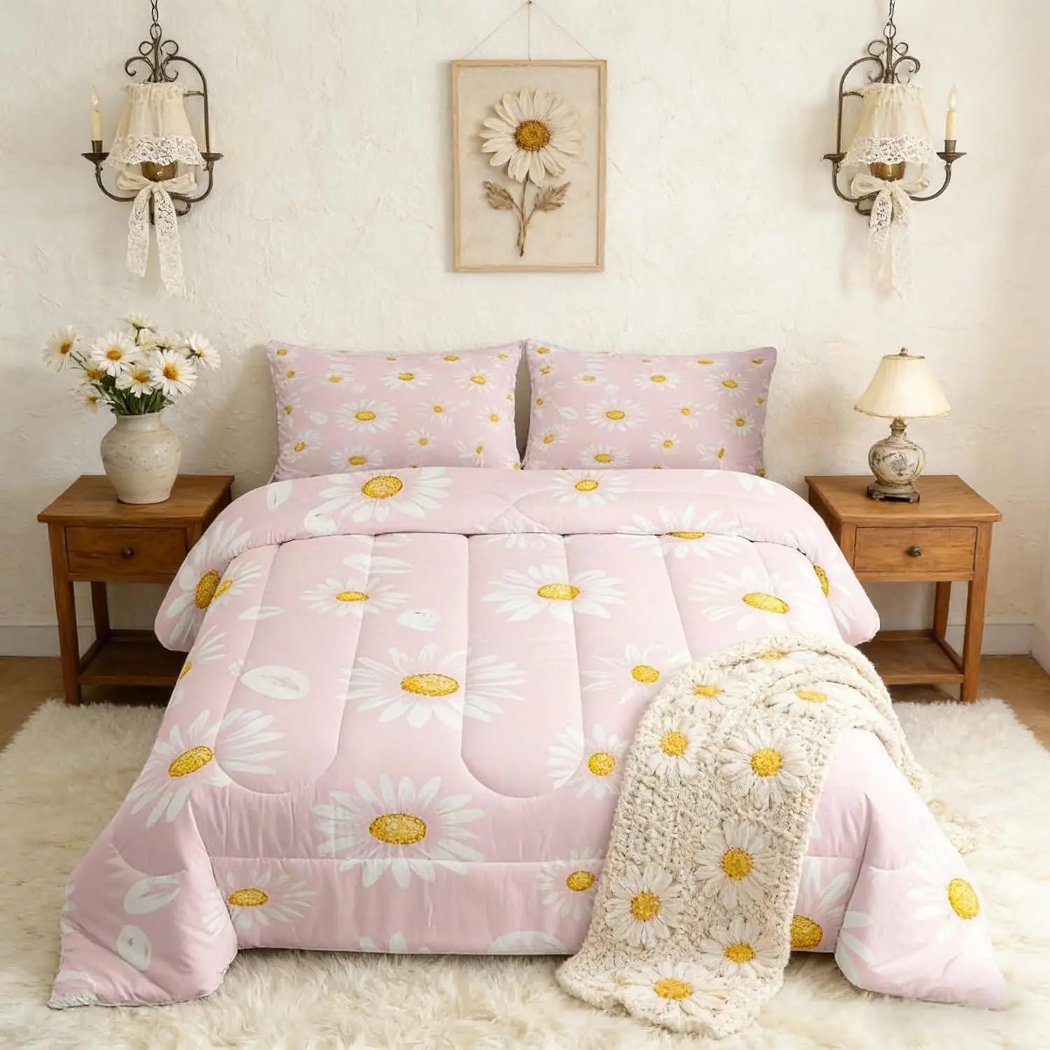 White Daisy Kids Comforter Set,Flowers Plants Rustic Farmhouse Bedding Set,Girls Boys Adults Room Decor,Botanical Florals Theme Down Comforter,Pink Romantic Duvet Insert