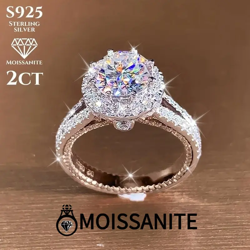 925 Sterling Silver Halo 2-Carat Moissanite Ring - 18K White Gold 5-Layer Electroplated, Unisex Elegant Wedding Engagement or Anniversary Gift, Sizes 6-10, Red Carpet Accessory