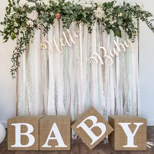 Burlap Print Baby Shower Boxes for Gender Reveal Party Gender Neutral Centerpiece Decor - 4 Pcs Burlap Grain Baby Cubes Blocks with Letters, Rustic Baby Shower Decorations