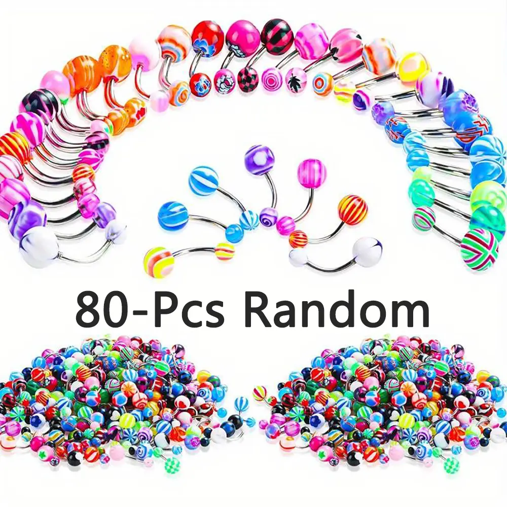 80Pieces Belly Button Rings Bulk Colorful Body Piercing Jewelry Navel Barbell Body Stainless Steel Belly Rings Piercing Jewelry for Women Girls