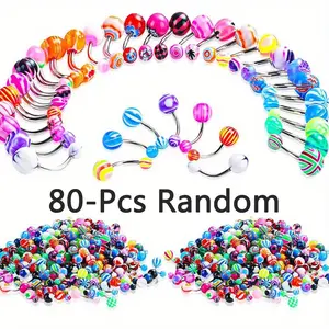 80Pieces Belly Button Rings Bulk Colorful Body Piercing Jewelry Navel Barbell Body Stainless Steel Belly Rings Piercing Jewelry for Women Girls
