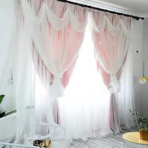 Princess Style Lace Curtains, Hollow Out Star Design, Light Blocking Drapes for Bedroom & Kids Room, Dustproof Living Room Window Covering, Home Decoration Curtain