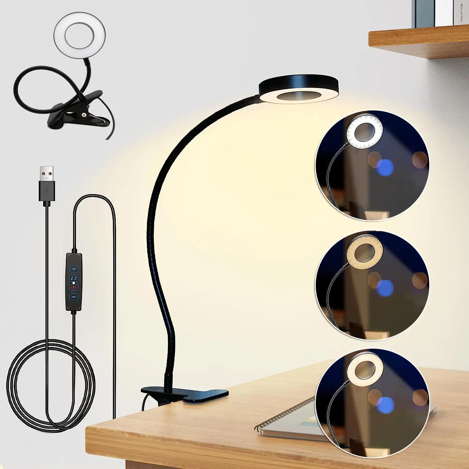 Flexible Gooseneck Arm LED Desk Lamp - USB Powered, Dimmable, Eye Protection, Adjustable, Clamp Base Grips Tables, 1.5m Line Length - Indoor Lighting for Bedroom, Office Study Room Home Improvement