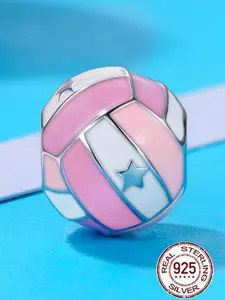 925 Sterling Silver Pink Volleyball Design Bead, Fashionable Bead for Women & Girls, Trendy All-match & Exquisite DIY Jewelry for Birthday Gift