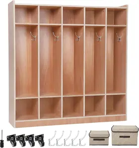 【GARVEE】5-Section Classroom Cubbies, Classroom Coat Locker, 10 Cubbies for Classrooms, Daycare Cubby with 4 Casters, 5 Hooks and 2 Storage Boxes, for Home, School