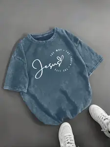 Women's Vintage Washed Cotton Round Neck T-Shirt, Jesus Bible Verse Dual Print, Comfortable Soft Breathable Daily Wear, Summer Casual Top