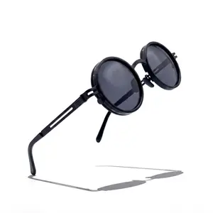 Men's Unisex Black Round Polarized Sunglasses - UV400 UV-Protection Lens, Retro Steampunk Style, Lightweight Titanium Full Rim Metal Alloy Eyewear, Guys Gifts Gift Box Set for Outdoor Activities