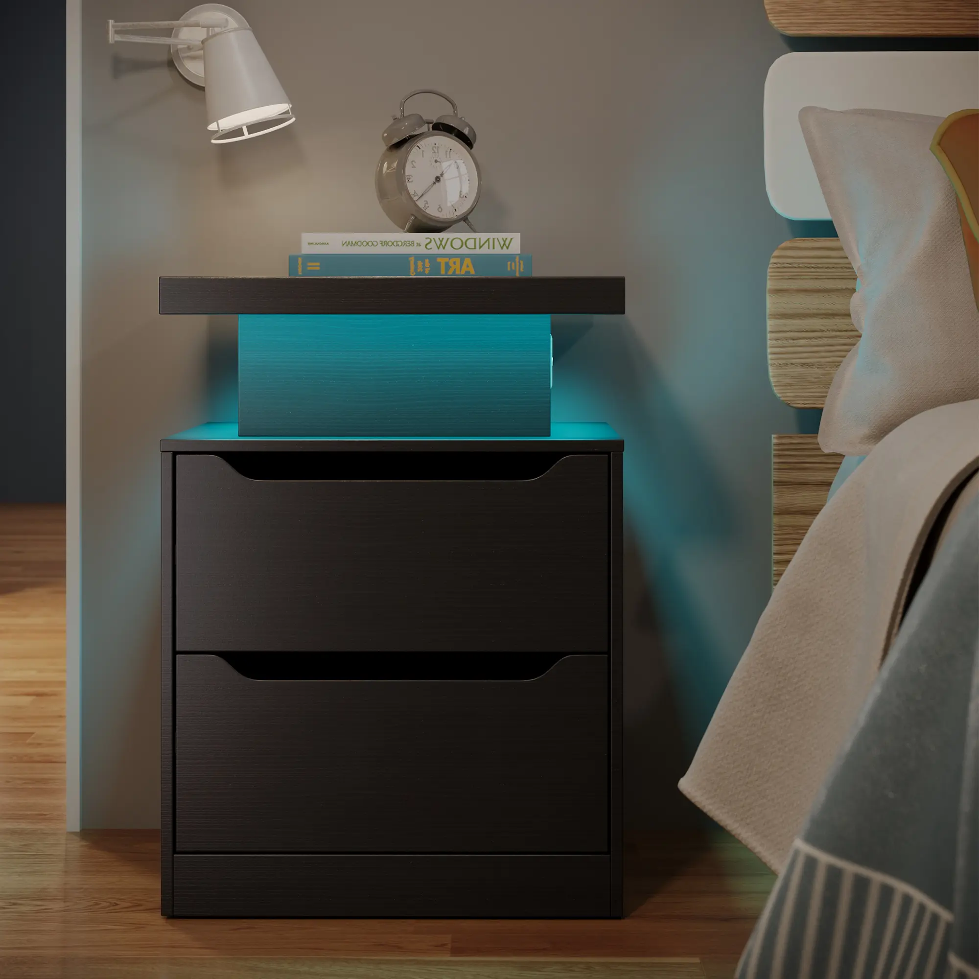 Gizoon Nightstand - Modern Wood Flat-Top Built-In Bedside Table with Charging Station, 2-Drawer Storage, LED Lights, End Side Table for Bedroom, Drawer-Equipped Bedside Tables