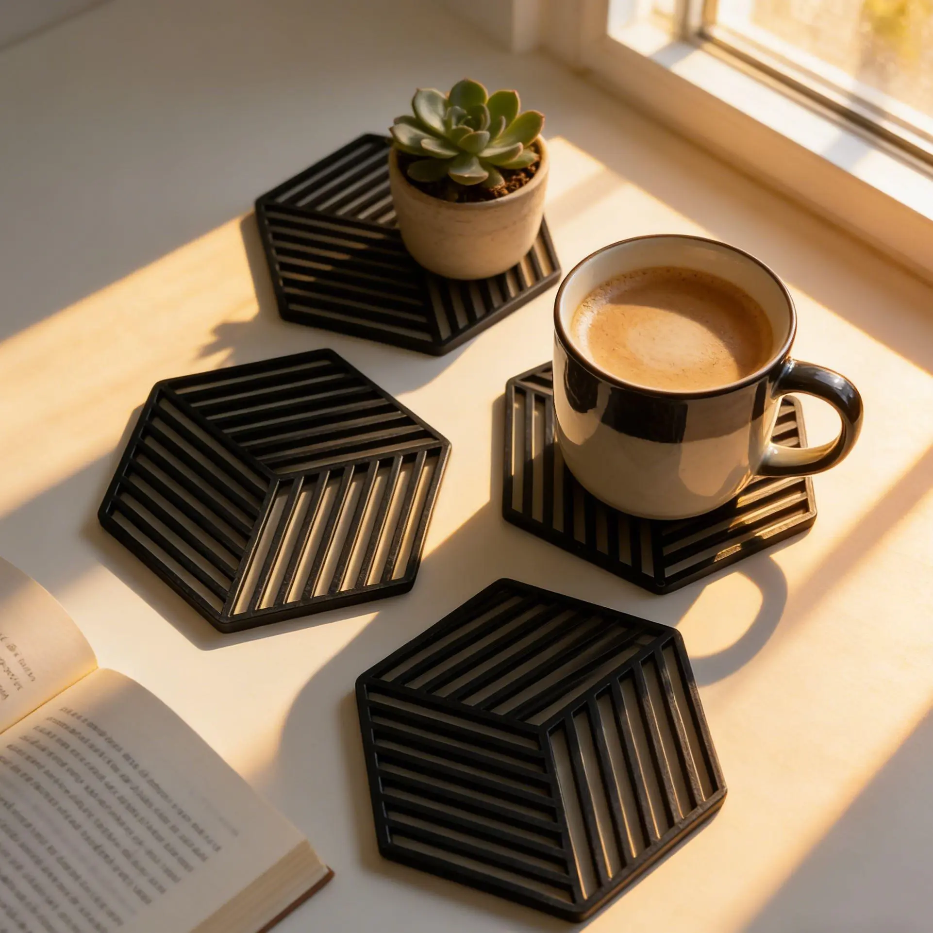 [2026 Nordic Design] 5-Pack Modern Geometric Coasters, 3D Illusion Cube Silicone Trivets for Hot Dishes, Aesthetic Minimalist Table Protectors for Home Decor