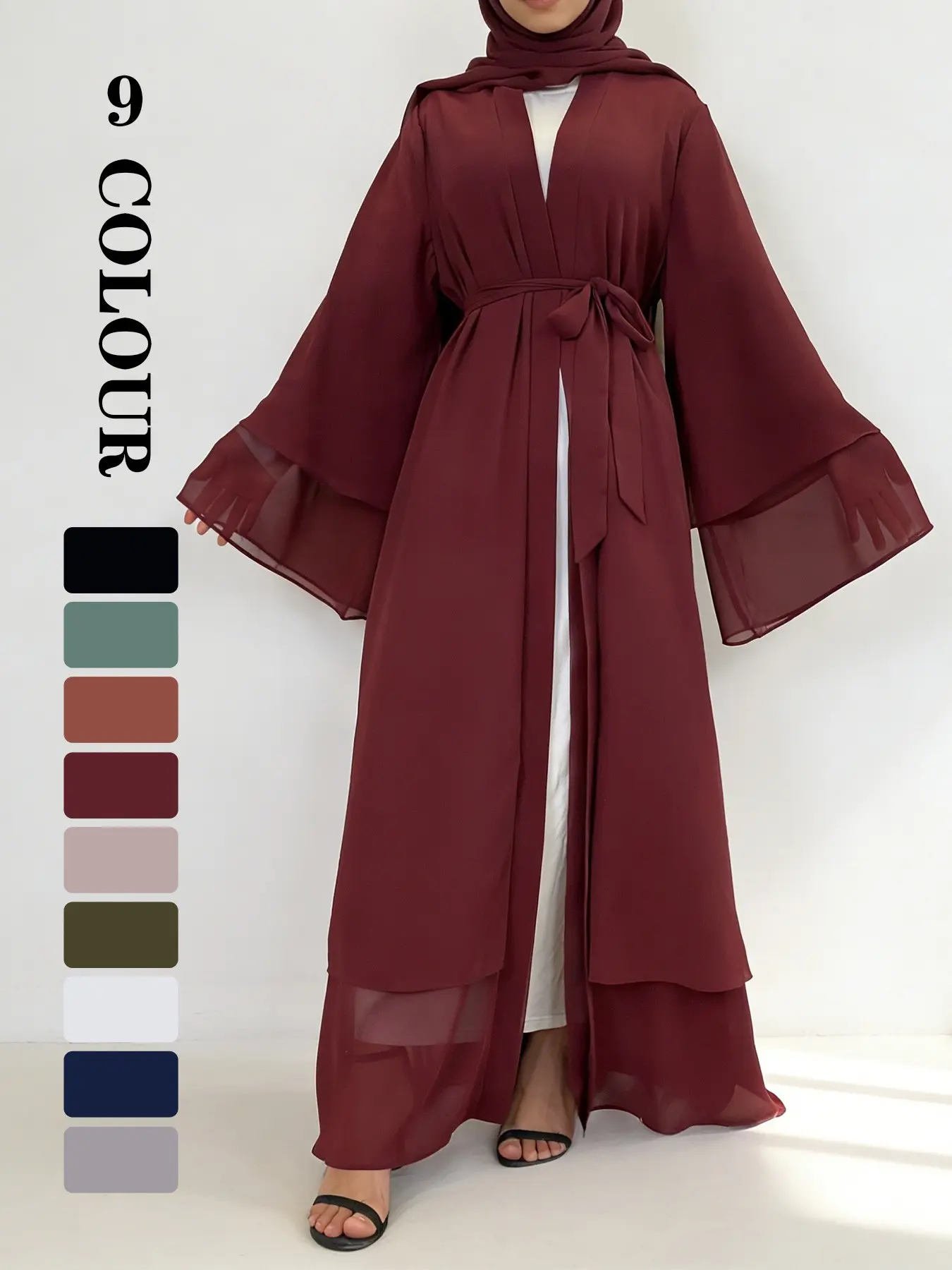 Women's Solid Color Chiffon Belted Abaya, Elegant Long Sleeve Open Front Maxi Abaya for Party Wedding Guest, Ladies Modesty Muslim Clothing Islamic Clothing Islamic Abaya Dress for All Seasons Modest Muslim Outfits[not Includ hijab]