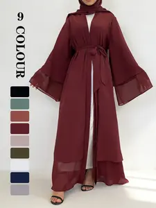 Women's Solid Color Chiffon Abaya with Belt, Elegant Long Sleeve Open Front Abaya for Party Wedding Guest, Ladies Islamic Clothing for All Seasons[not Includ hijab]