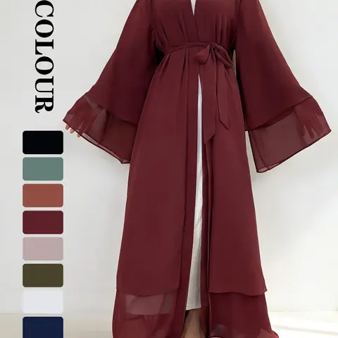Women's Solid Color Chiffon Belted Abaya, Long Sleeve Open Front Maxi Abaya for Party Wedding Guest, Ladies Modesty Muslim Clothing, Islamic Modesty Clothes, Islamic Abaya Dress for All Seasons Modest Muslim Outfits