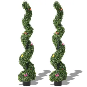 2-Pack 5ft Artificial Spiral Boxwood Topiary Trees, Tall Faux Greenery Plants in Pots for All-Year Outdoor Decorative Use, Perfect for Front Porch, Walkway, and Entryway