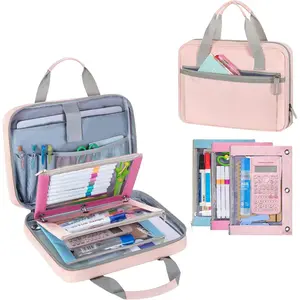 2026 Upgraded Zipper Binder with 3 Pencil Pouches, Small File Organizer with Multi Pockets & Padded Sleeve Fits 13” iPad, Loose Leaf Paper, Name Card & Stationery for School, Office, Work, Pink