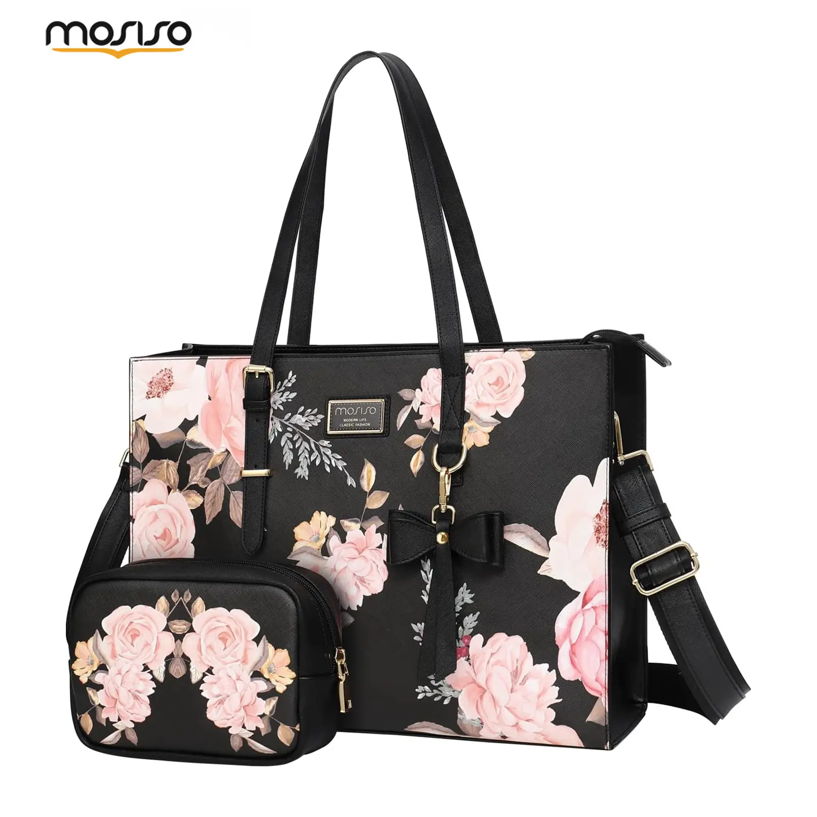 MOSISO Women's Floral PU Leather Laptop Tote Bag, 15.6 Inch Multi-Functional Business Satchel with Shoulder Strap & Mini Pouch, Leather Bags, Business Bag