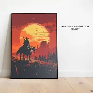 Western Cowboy Poster: Sunset Landscape, RDR Gamer Room Art, red dead redemption poster