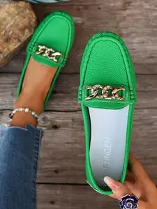 Women's Comfortable Lightweight PU Leather Loafers, Metal Chain, Slip-On Driving Shoes, Casual Walking Shoes, Business Formal Flats