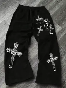 Men's Fall, Dark Gothic Geometric Cross Print Wide Leg Pants, Unique Street Style Loose Fit Long Trousers for Casual & Sports Wear