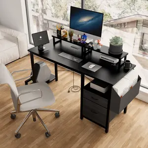 (High end and high-quality Computer desk)47.3" Computer Desk with power outlet,Monitor Stands,Shelves, Office Desk/Writing Table/Gaming desk With drawers,Large Side Pocket and Hooks,Easy to Assemble,Frame stability Reversible,Black