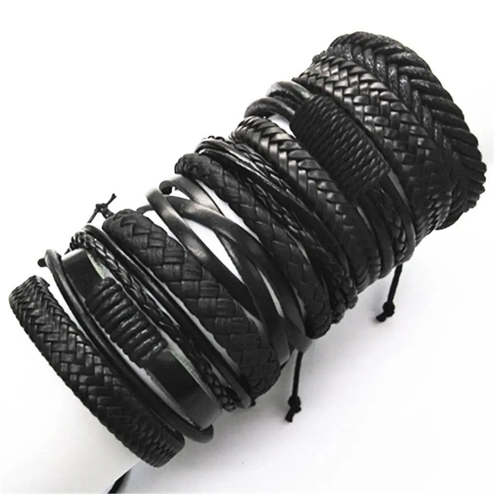 10 Pcs/set Black Wrap Woven New Fashion Handmade Men Bracelets Male Women Leather Bracelets Men Bangle  Jewelry Gift