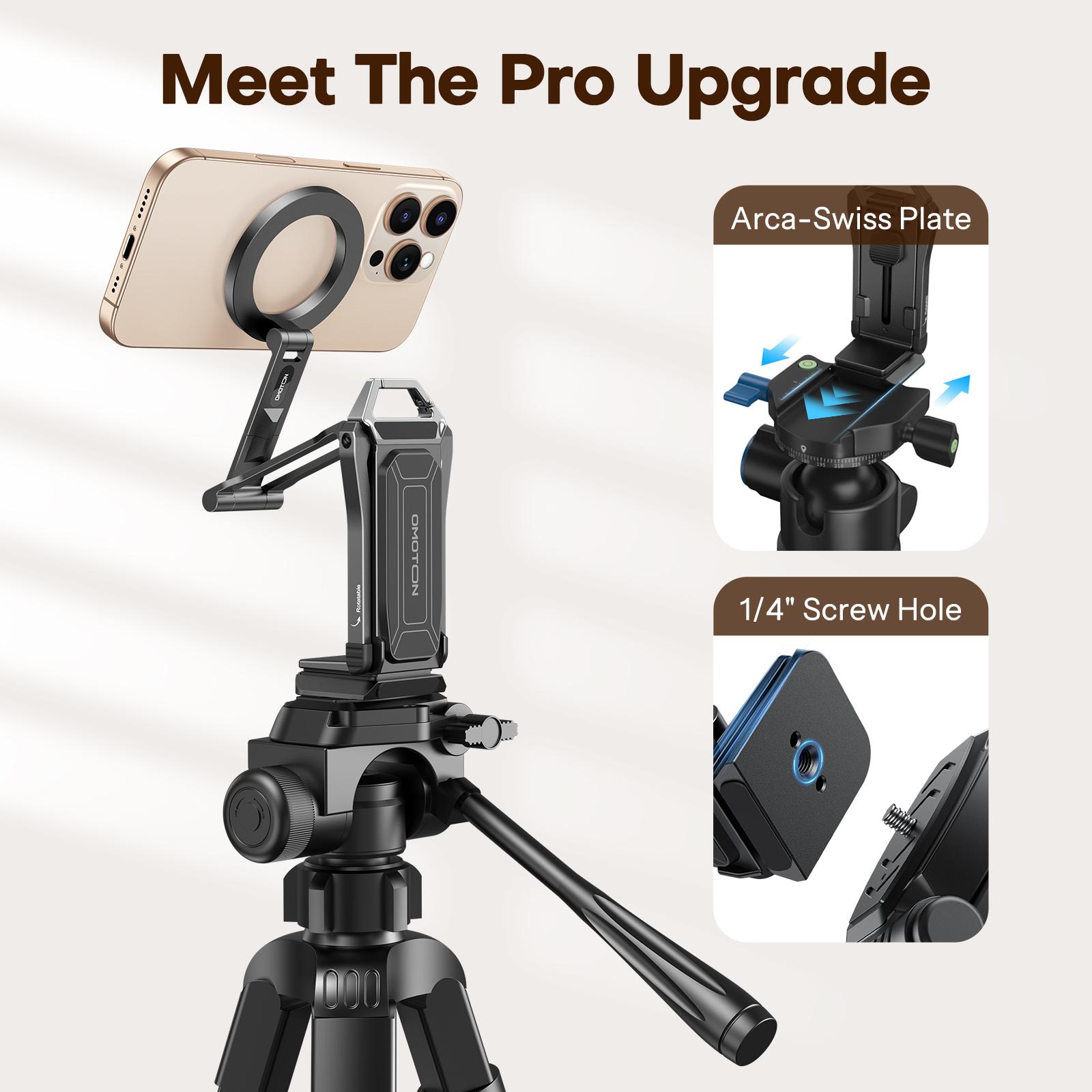 OMOTON Magnetic Phone Tripod Stand -TP02 Foldable Travel Mount with 360 Rotating Shaft Adjustable Ring Grip Selfie Stick Clamping Mount & Hook for Desk Airplane Luggage Outdoor Smartphone Cell Phone Holder