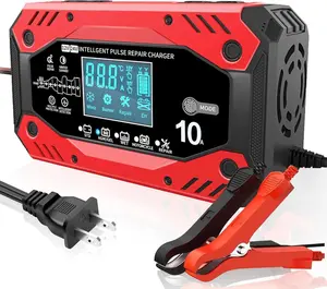 Battery Charger 10-Amp 12V & 24V Fully-Automatic Smart Car Maintainer Trickle & Desulfator with LCD Display & Temperature Compensation for Automotive & Marine Batteries