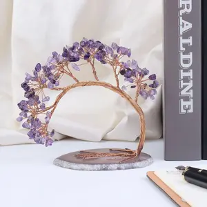 MollyGems Natural Amethyst Crystal Money Tree Agate Slice Base Feng Shui Bonsai Crystal Tree Home Gifts Decor Handmade Christmas Gift Idea for Her