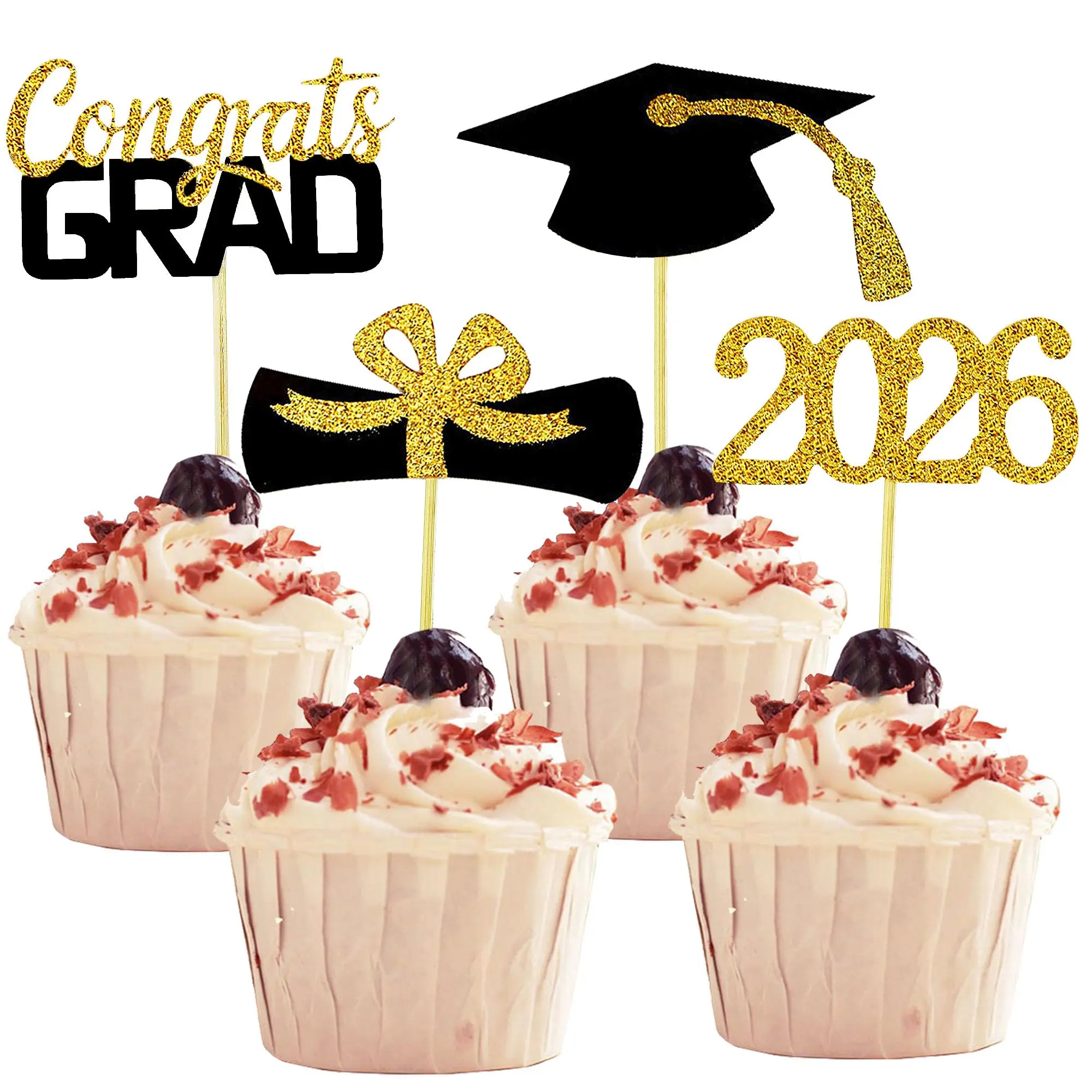 2026 Graduation Bamboo Cupcake Toppers - 48 PCS Pre-Assembled Gold Glitter Non-Edible Cardstock Picks, 12 Each Diploma Sets & Grad Caps, Festive Party Accessory for School Reunions Home Decor
