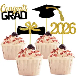 2026 Graduation Cupcake Toppers 48 PCS Gold Glitter Design Non-Edible Cardstock Picks for Party Decorations Diploma Grad Cap Set 12 Each Safe & Festive