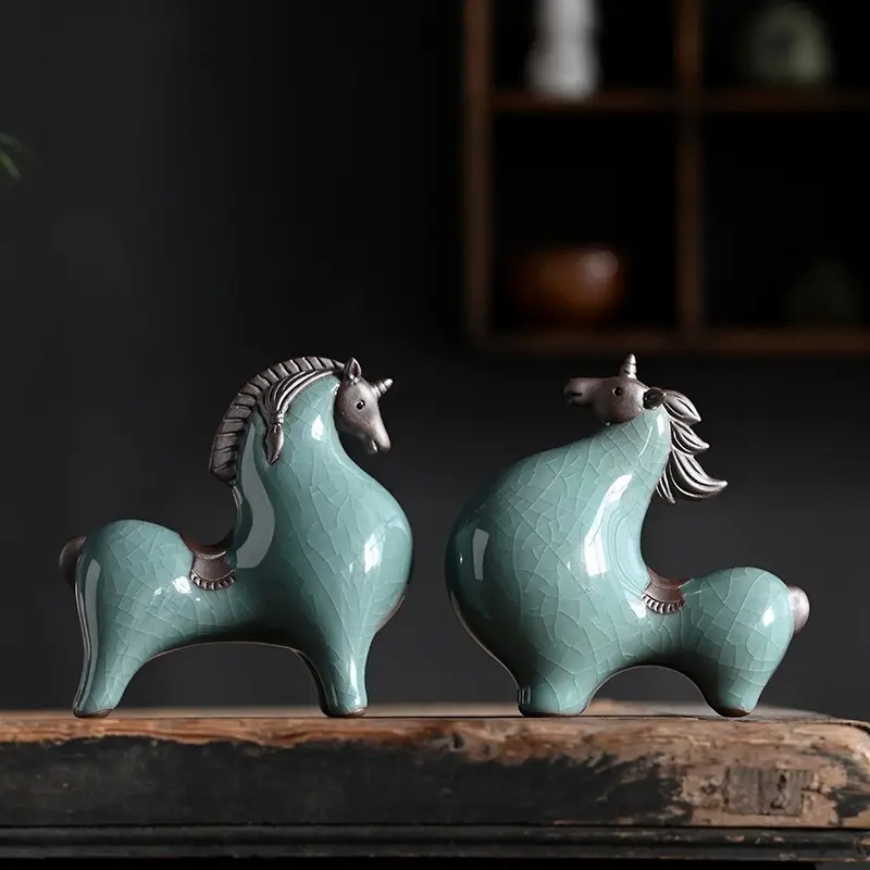 Handcrafted Ceramic Tang Horse Figurine - Small Zodiac Horse Statue for Wealth & Good Fortune, Elegant Light Blue & White Porcelain Decor for Living Room, Office Desk, or Wine Cabinet, Tabletop Decor | Elegant Horse Design | Metallic Accent