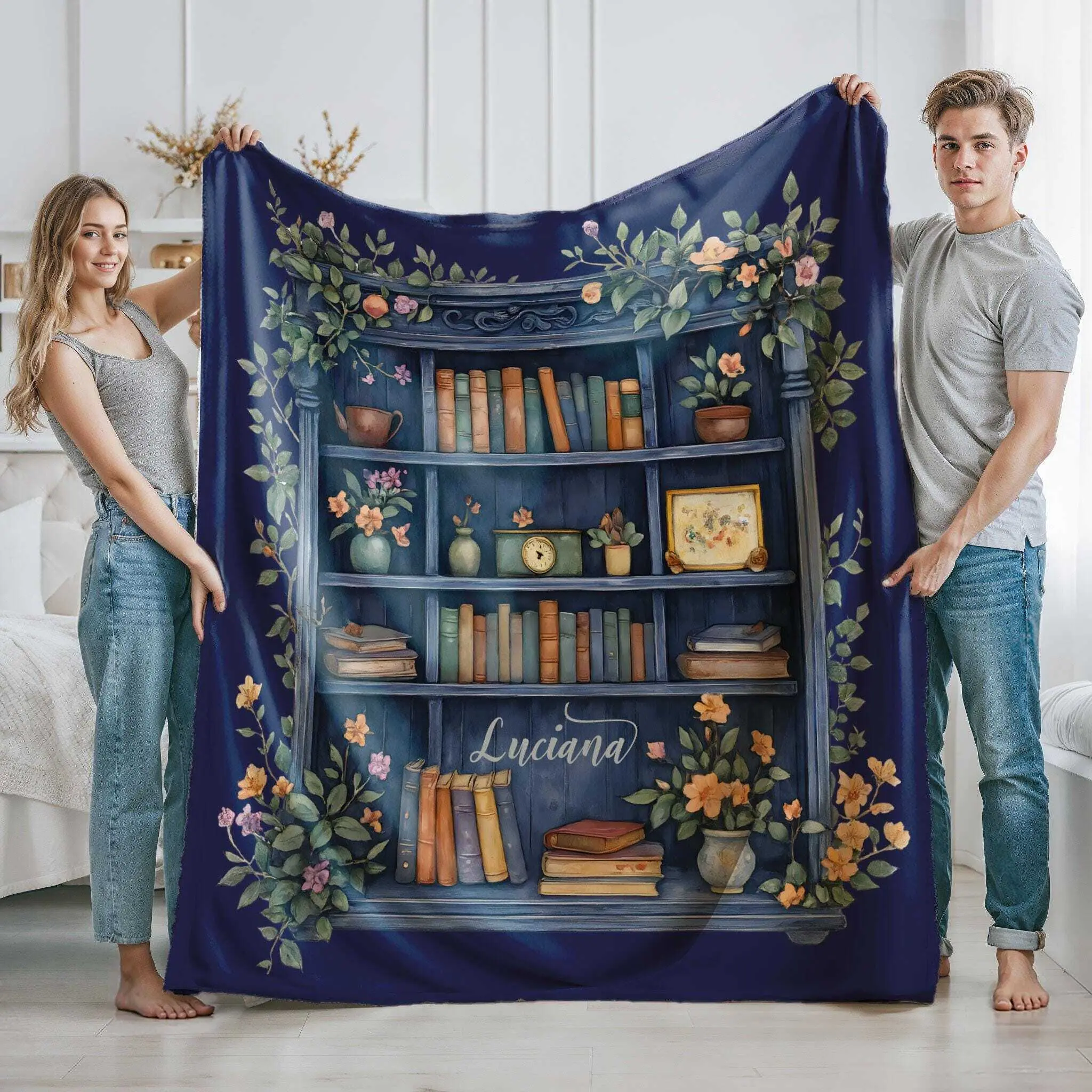Custom Name Vintage Bookshelf Blanket, Boho Wildflowers Library Bookish Quilt, Cottagecore Flower Book Gift,Retro Book Lover Gift For Reader