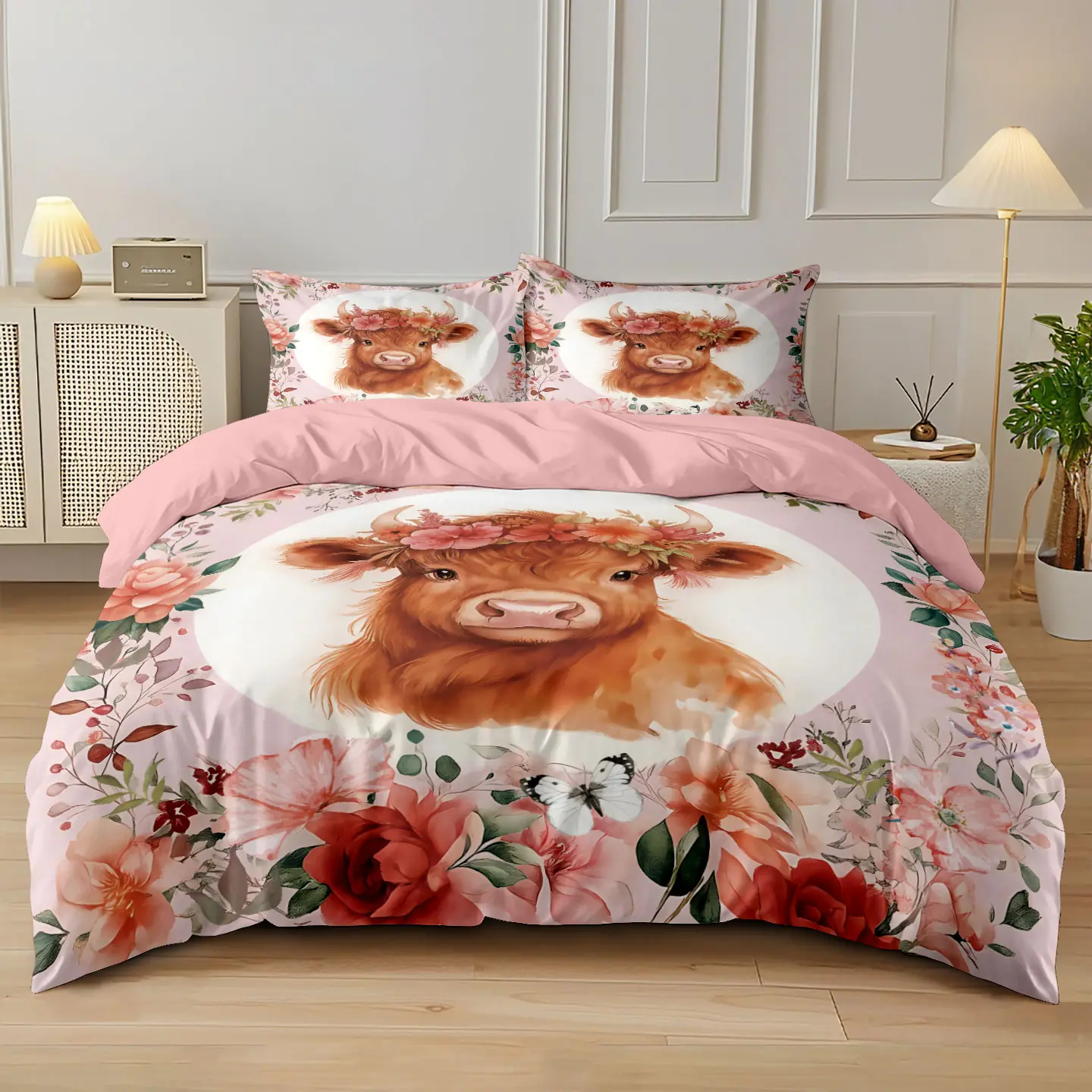 3-piece set (1 quilt cover +2 pillowcases, coreless) pink highland cow flower print quilt cover set, soft and comfortable bedding, suitable for use in all rooms, room decoration, Duvet Cover Set, Decorative Duvet Cover