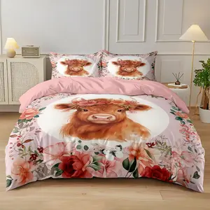 3-piece set (1 quilt cover +2 pillowcases, coreless) pink highland cow flower print quilt cover set, soft and comfortable bedding, suitable for use in all rooms, room decoration, Duvet Cover Set, Decorative Duvet Cover