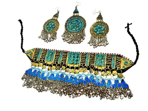 Luxury Afghan Tribal Jewelry Set – 300g Handmade Antique Gold Kuchi Choker Necklace (12cm) with Turquoise Stones & Statement Earrings | Boho Ethnic Festival Jewelry for Women