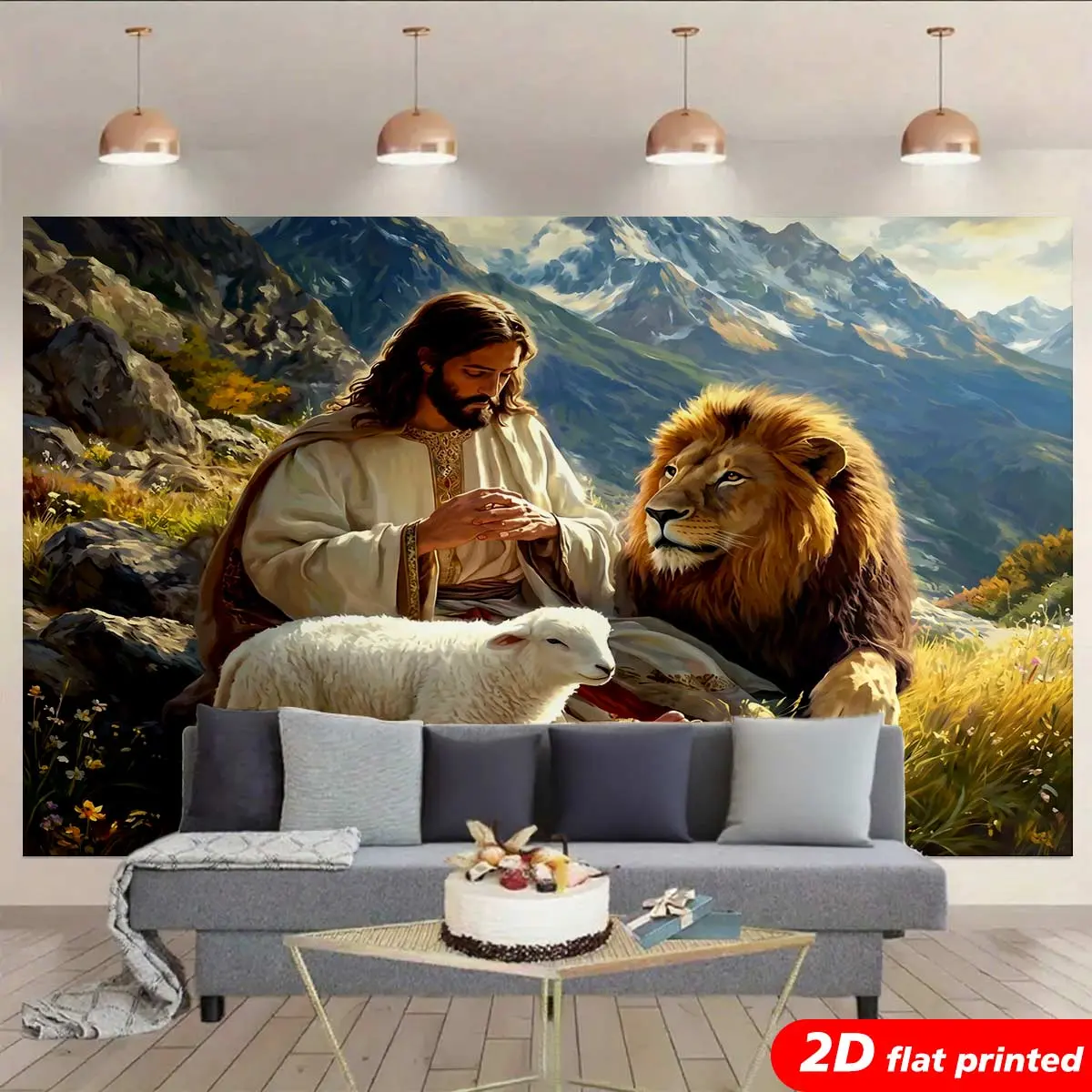 Christian 2D Flat Printed Jesus Lamb Artistic Tapestry Wall Hanging, Mountain Landscape Backdrop, Home Decor Gift for Bedroom, Church Studio Prop, Artistic Tapestry Tapestries