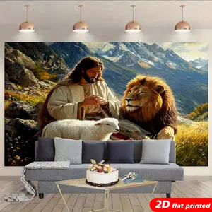 Christian 2D Flat Printed Jesus Lion Lamb Tapestry Wall Hanging, Mountain Landscape Design Backdrop, Home Decor Gift for Bedroom, Church studio prop party curtain