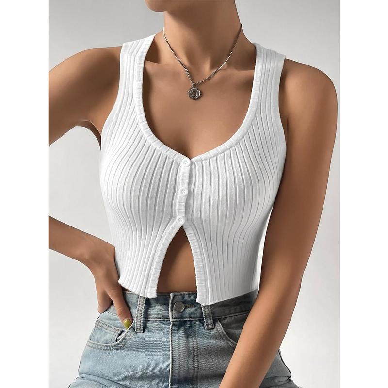 Women's Button Front Ribbed Knit Crop Tank Top Scoop Neck Sleeveless Casual Plain Crop Top Womenswear Bridal Short Basic Minimalist Skinny Slim Vneck White babydoll tops tubetops summer tops crop tops weighted vests women