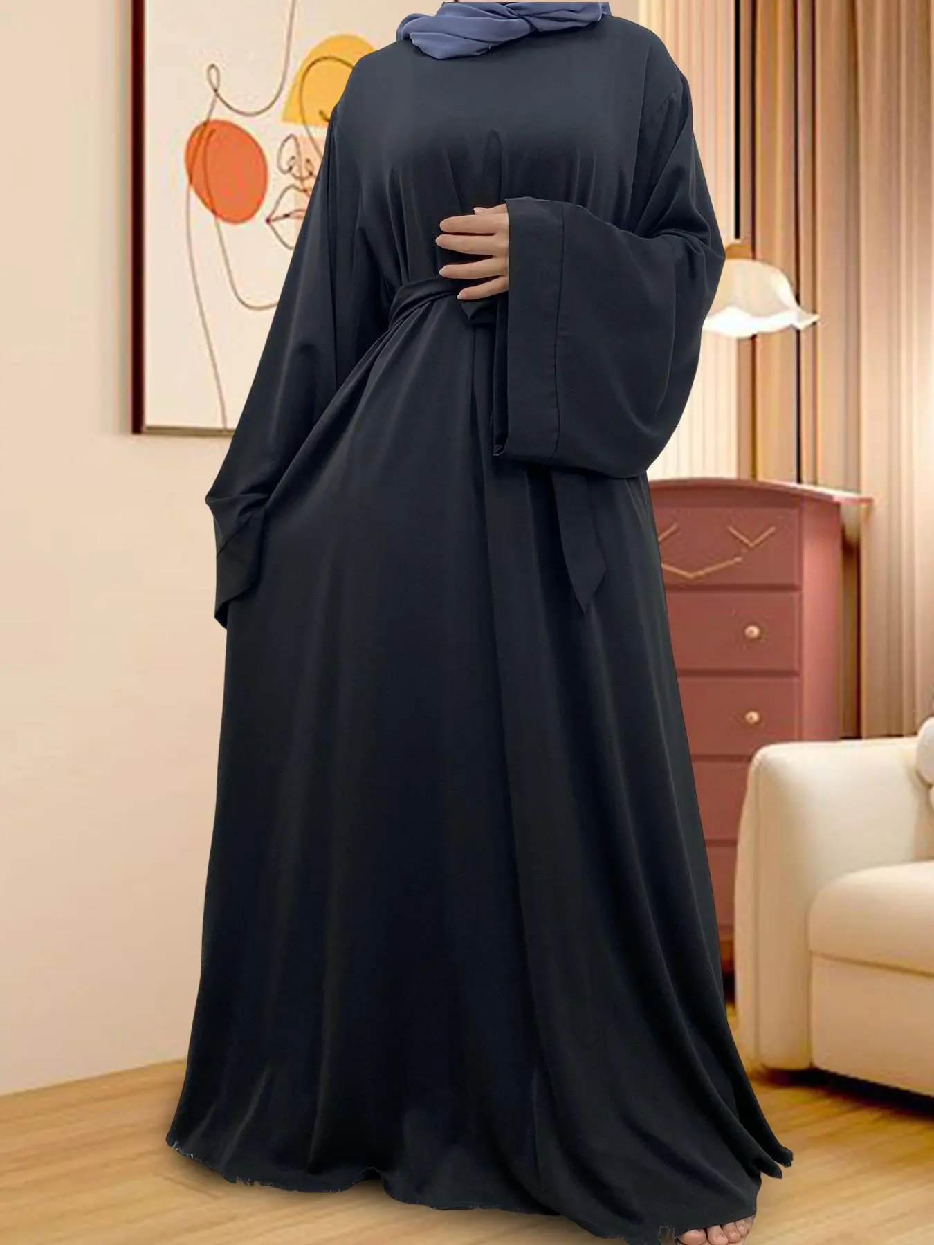 Women's Solid Color Nida Fabric Batwing Sleeve Modesty Abaya Dress, Casual Long Sleeve Open Front Nightgown for All Seasons, Ladies Sleepwear for Indoor Wear, Round neck abayas
