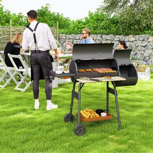 Steel Portable Charcoal BBQ and Smoker Combo with Rolling Wheels, 231 Square Inches Cooking Area, Offset Firebox Side Vent Thermometer and Multi Shelves for Backyard Outdoor Barbecue