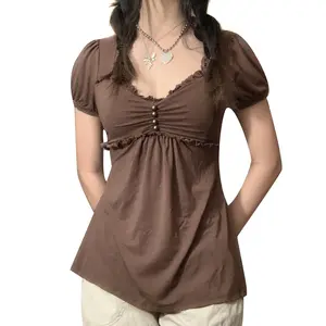 Women Fairy Grunge Y2k Shirts V Neck Solid Color Patchwork Tops Vintage Goth Aesthetic Clothing