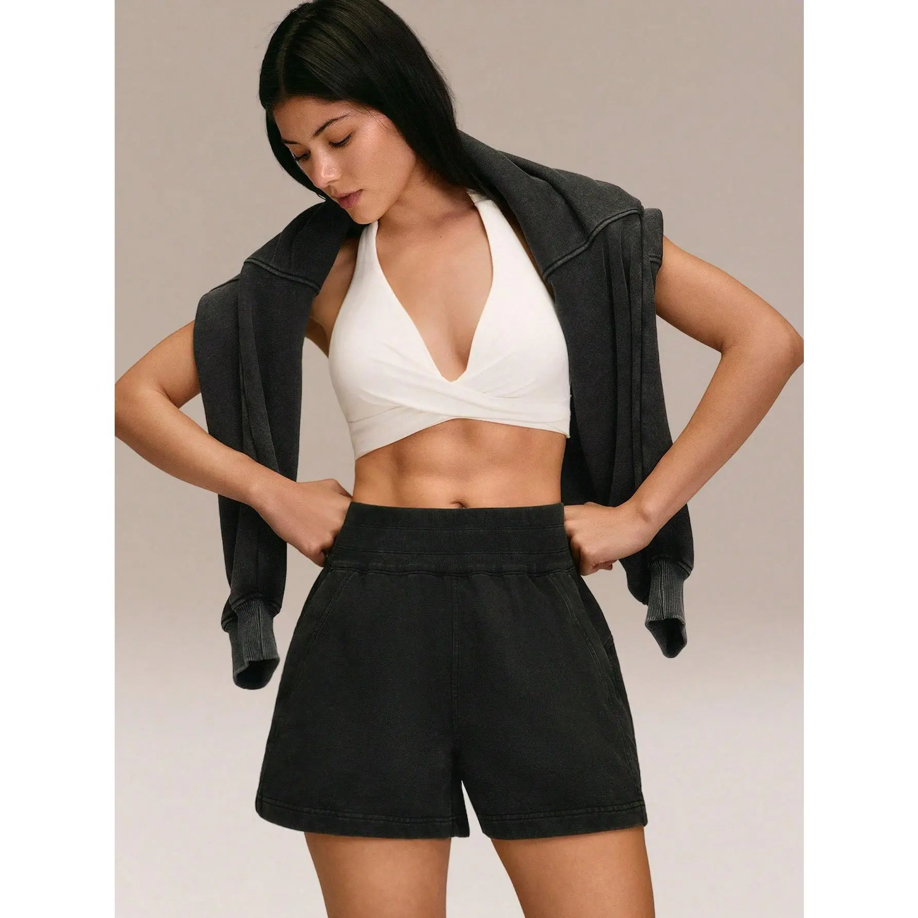 GLOWMODE Everyday Terry Cozy Motivation Soft Breathable Sweat-Wicking Vintage-Wash Side Pockets Elastic Waist Pull-On Shorts Daily Casual Wear