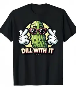 [100% Cotton] "Dill With It" Pickle Humor American Retro Black Short-Sleeved Unisex T-Shirt, Cool Cartoon Graphic, Casual Streetwear for Comedy & Food Enthusiasts, Unique Quirky Culinary Fashion Statement Piece Funny Thanksgiving